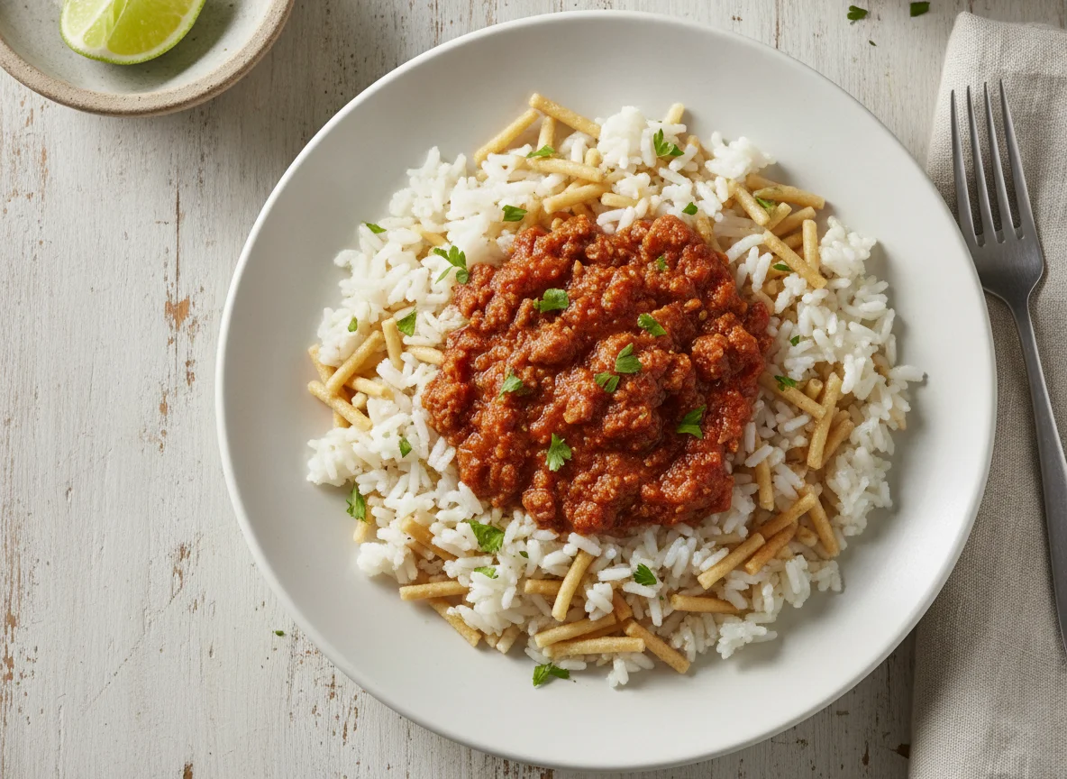 Arroz con fideos y salsa photo