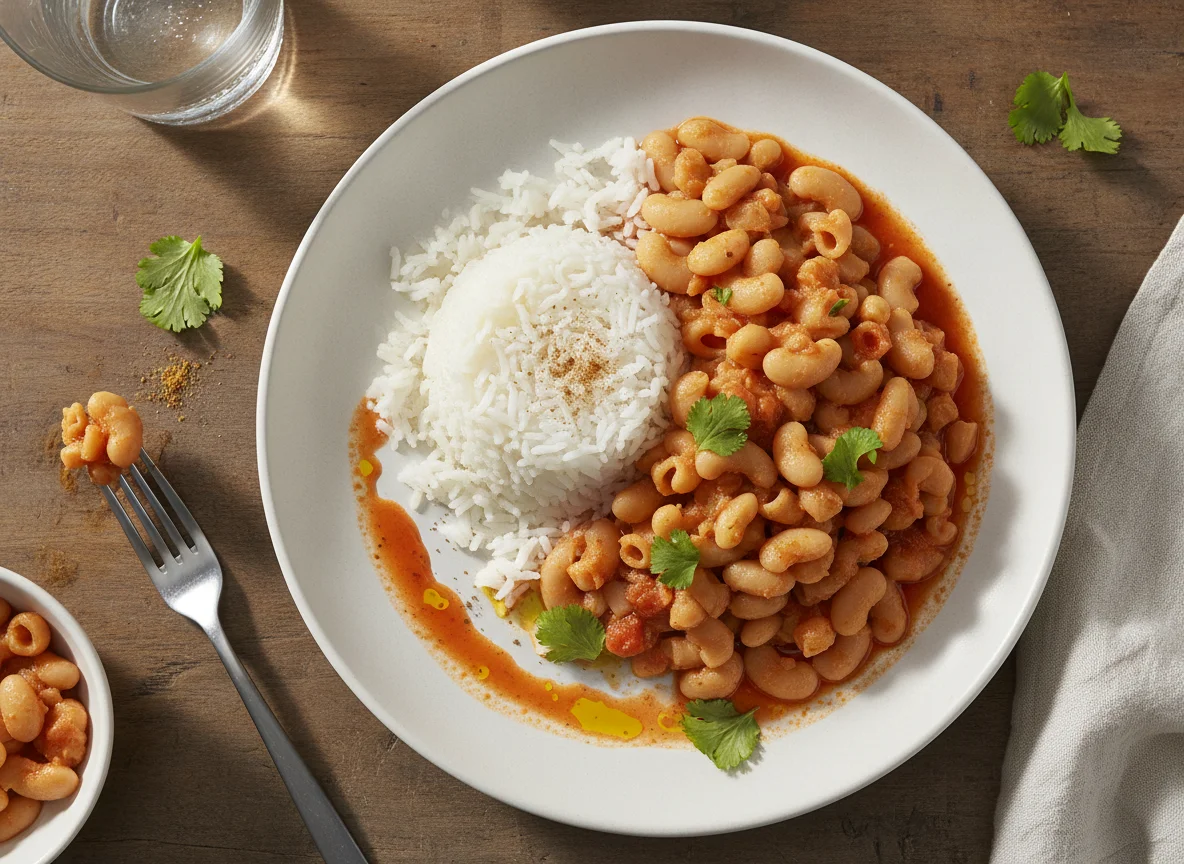 Arroz con frijoles blancos y fideos photo