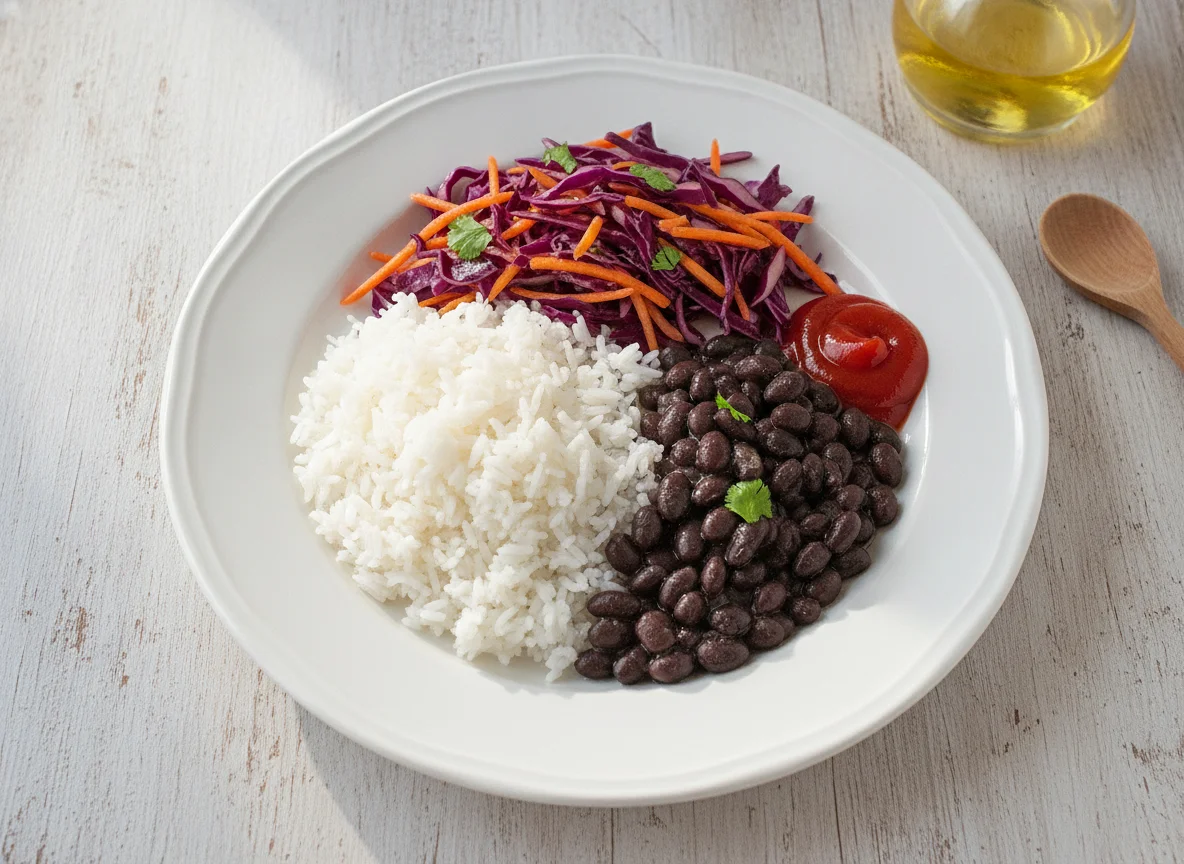 Arroz con frijoles, ensalada de repollo y salsa photo