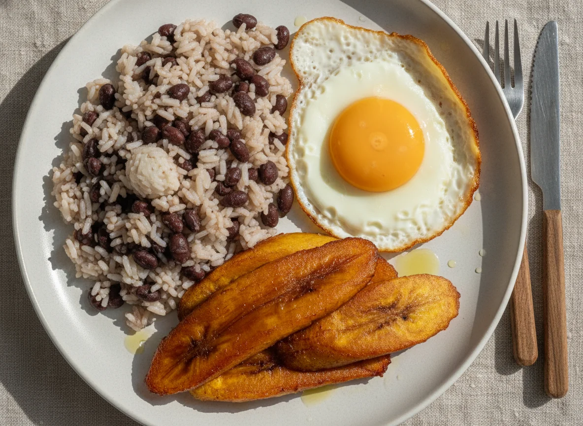 Arroz con frijoles, huevo frito y plátano maduro photo