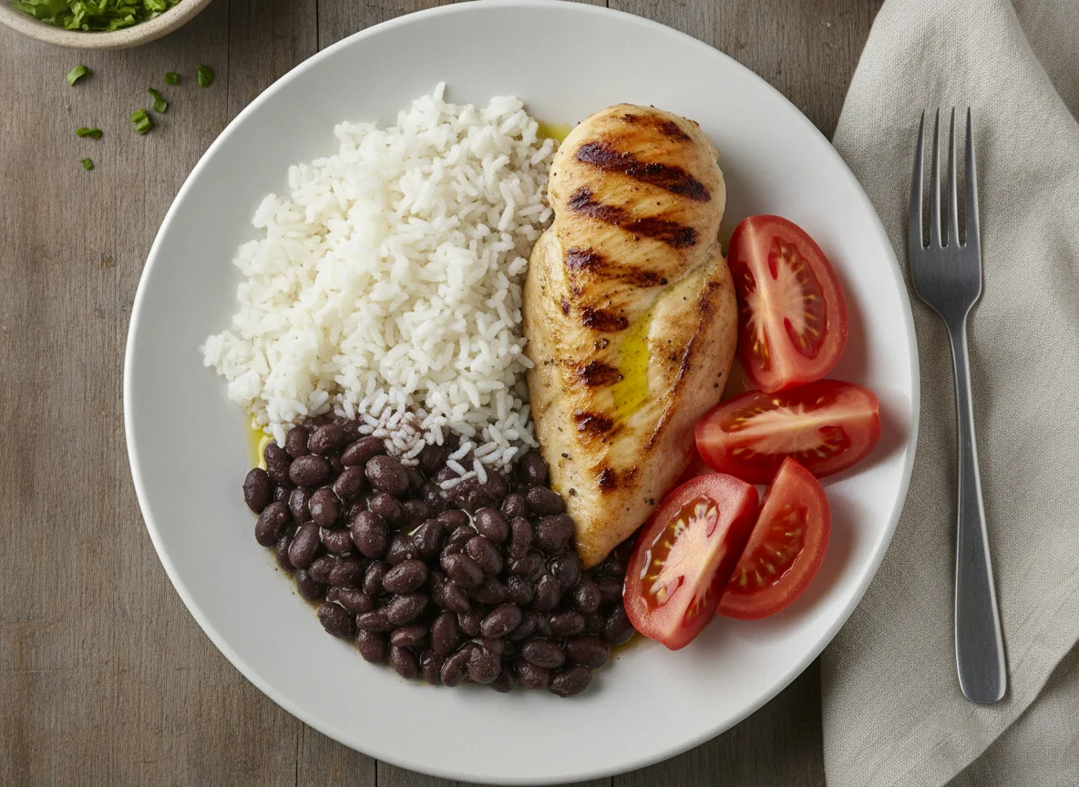 Arroz con frijoles negros, pollo a la plancha y tomate photo