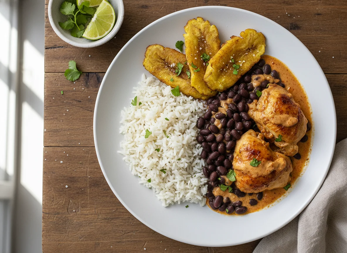 Arroz con frijoles, pollo en salsa y tostones photo