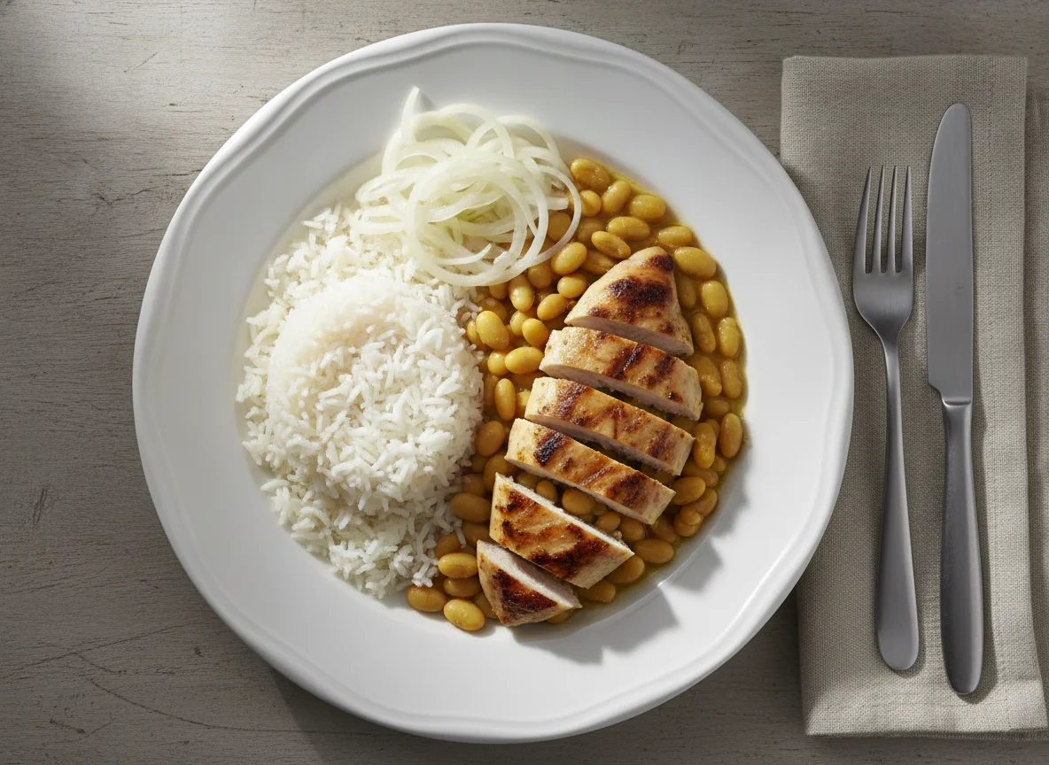 Arroz con frijoles, pollo y ensalada de cebolla photo