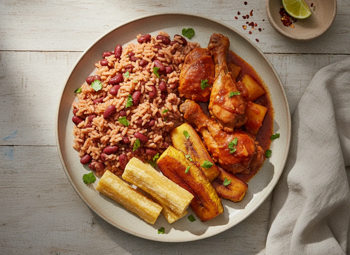 Arroz con frijoles, pollo y plátano frito photo