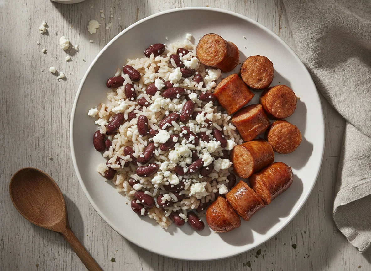 Arroz con frijoles, salchichas fritas y queso photo