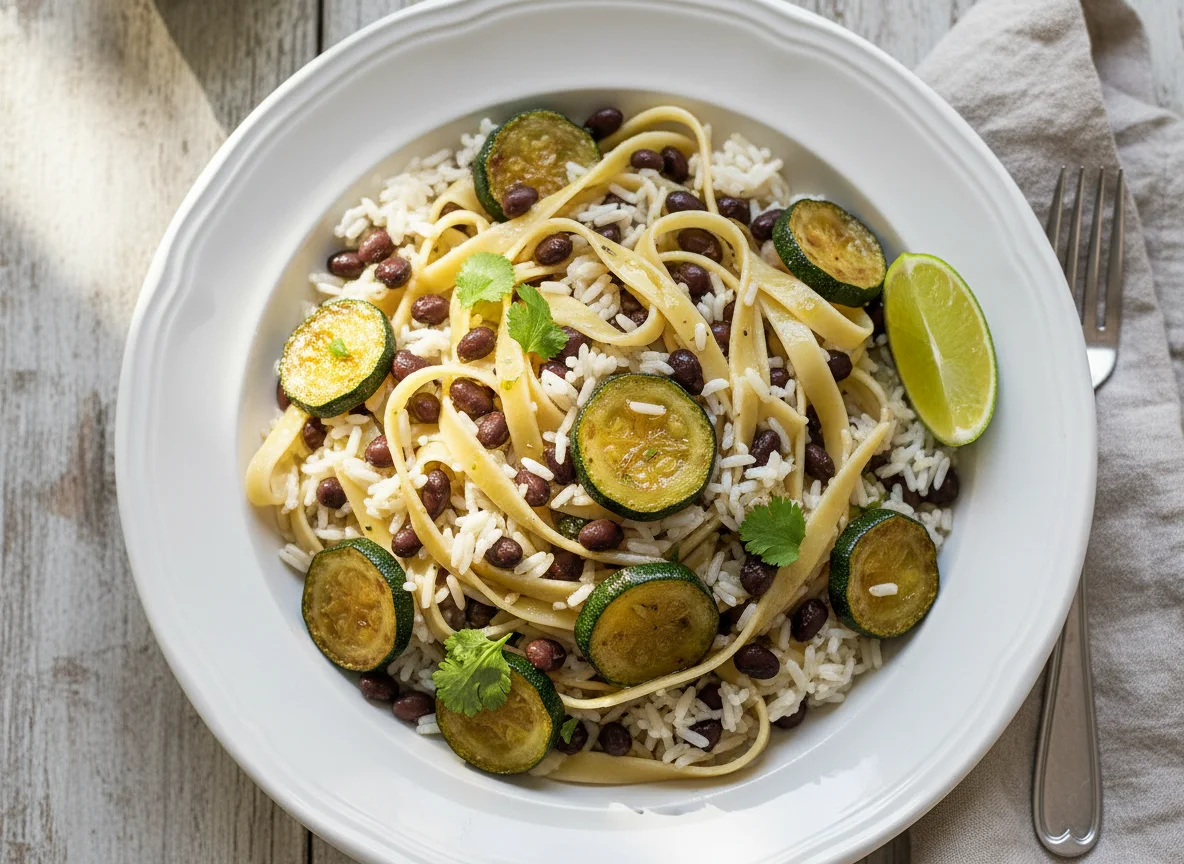 Arroz con frijoles y calabacín con pasta photo