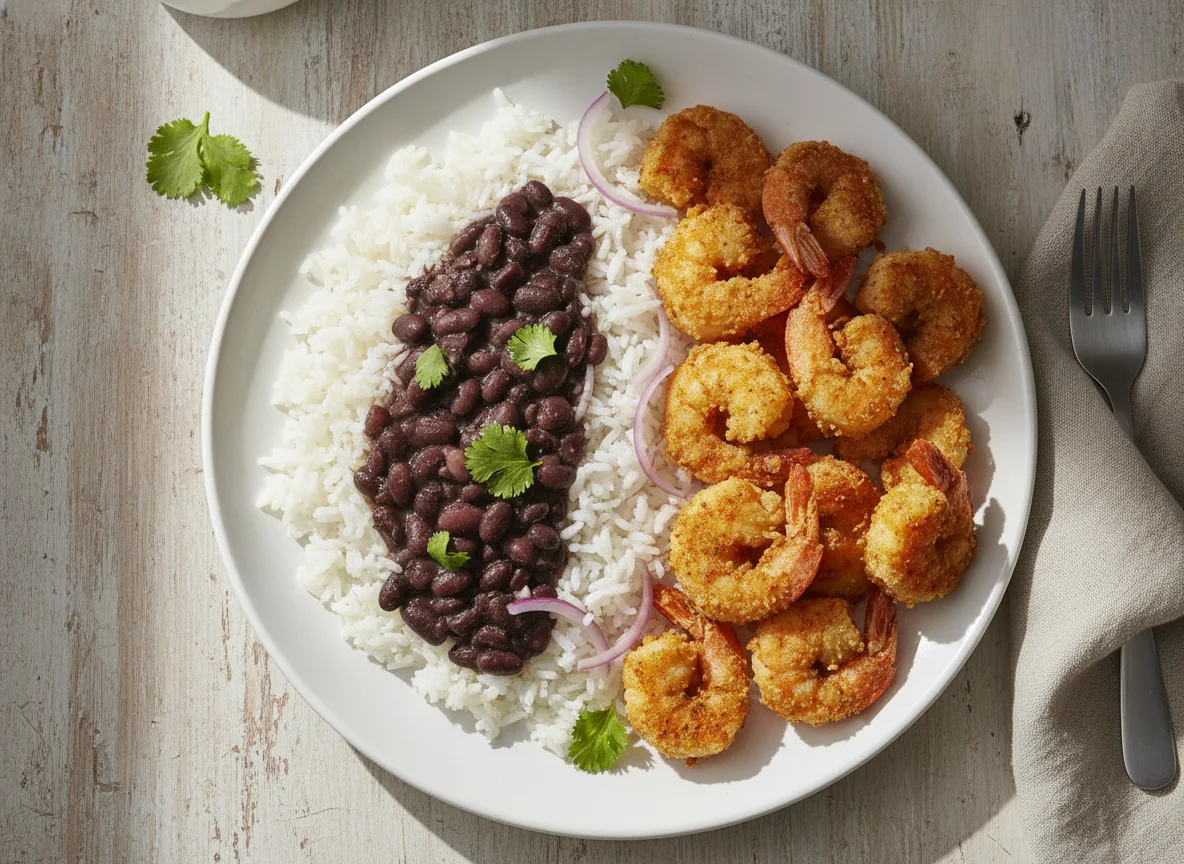 Arroz con frijoles y camarones fritos photo
