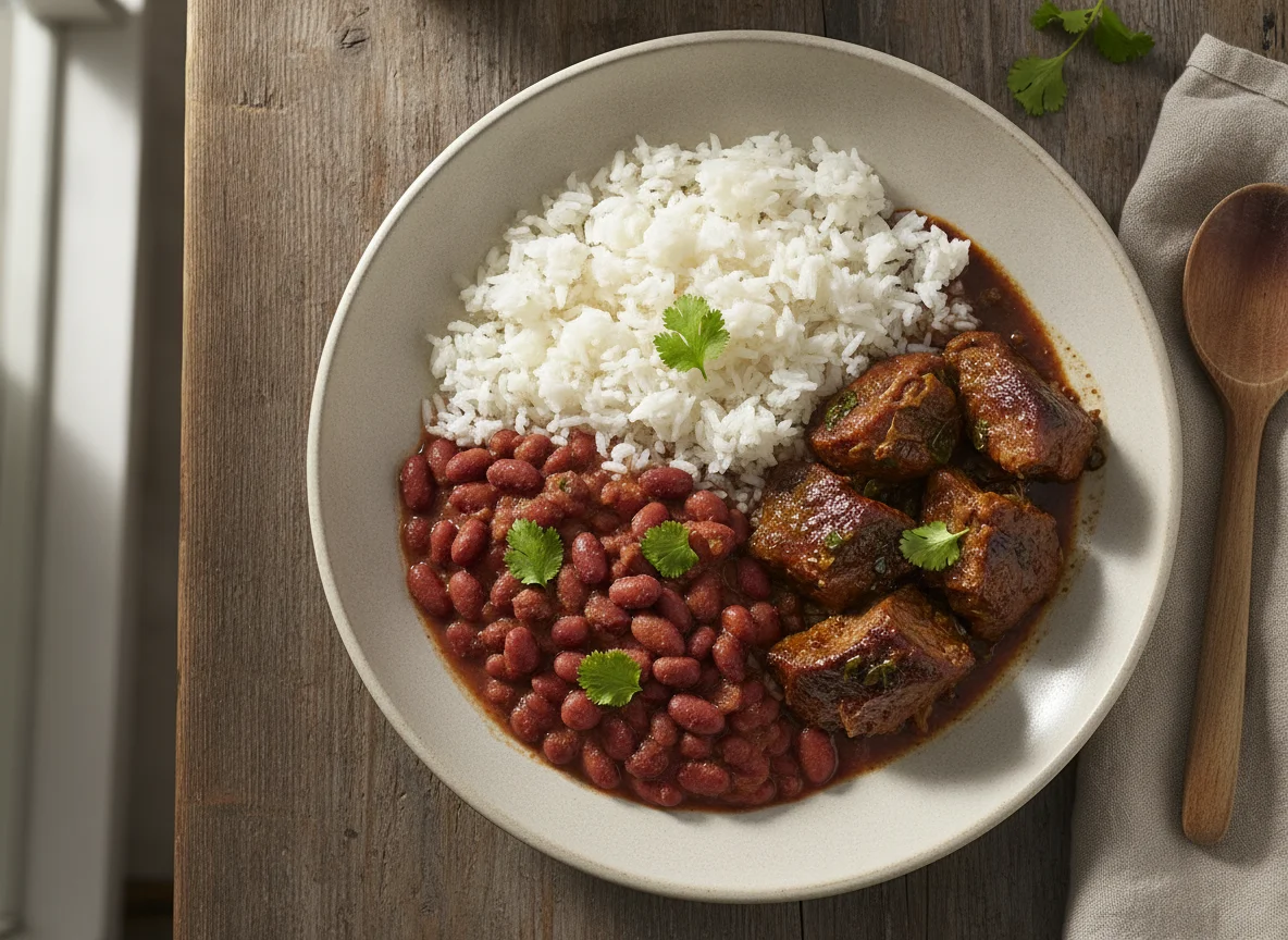 Arroz con frijoles y carne photo