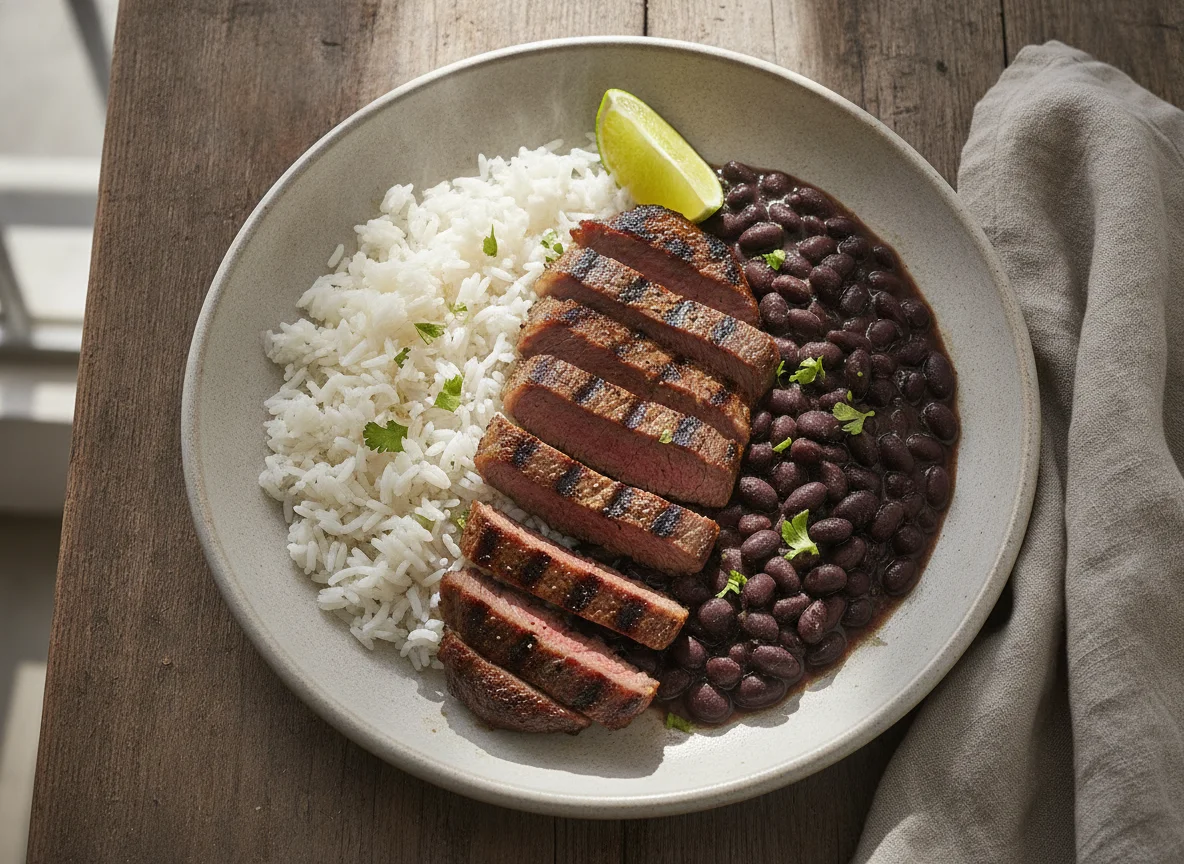 Arroz con frijoles y carne asada photo