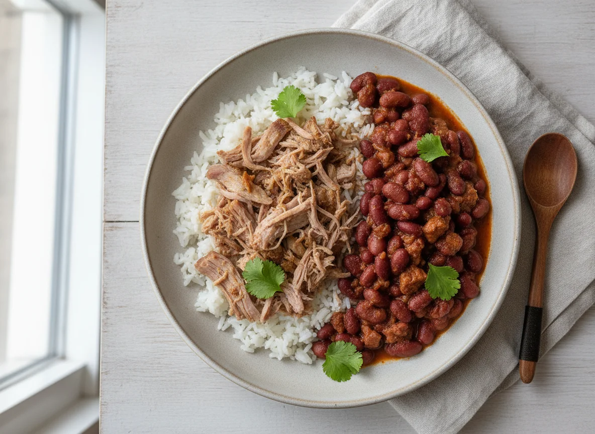 Arroz con frijoles y carne deshebrada photo