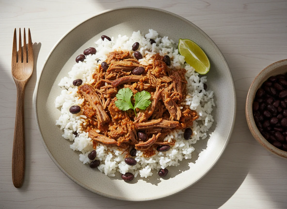 Arroz con frijoles y carne desmenuzada photo