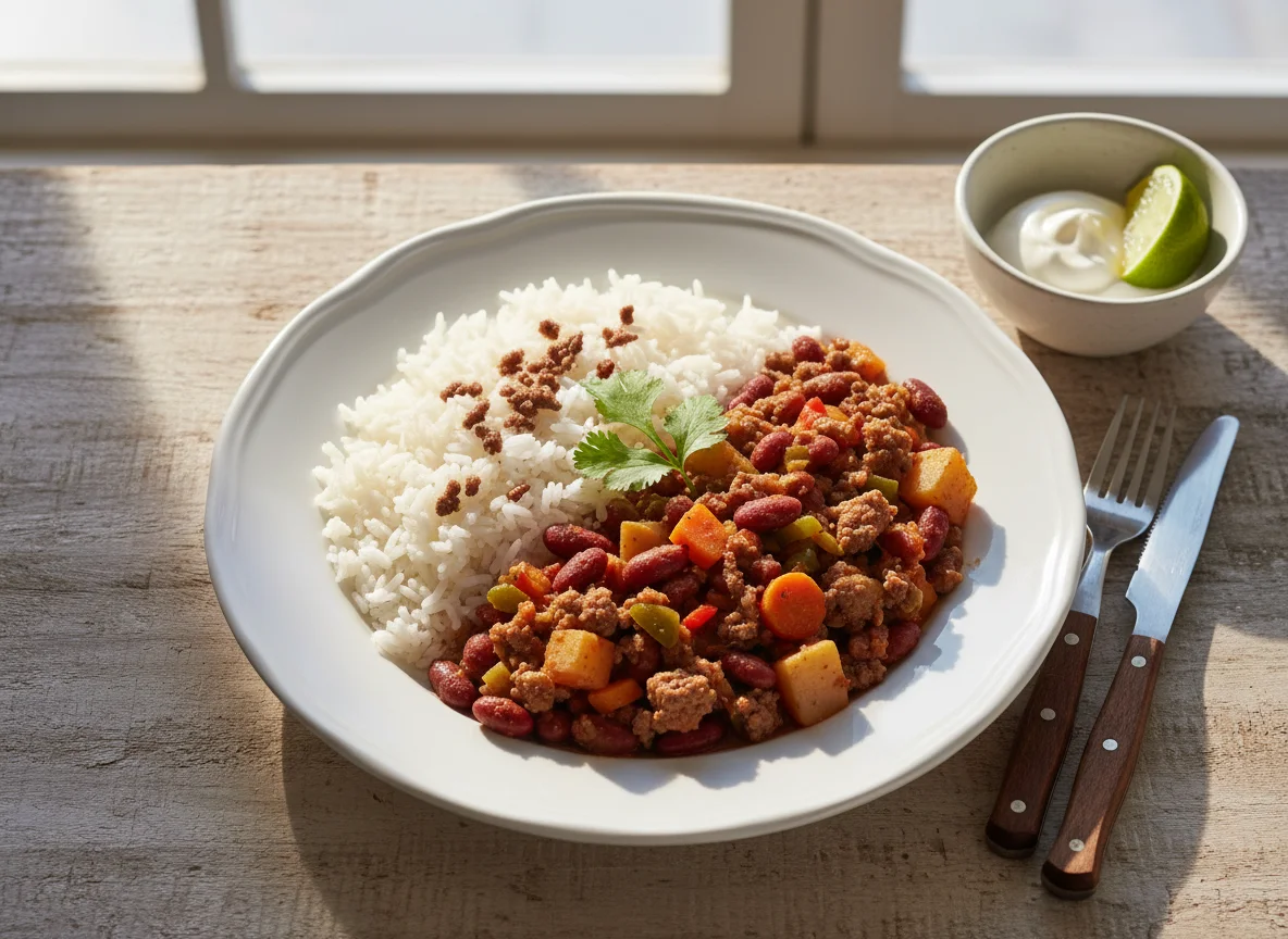 Arroz con frijoles y carne molida photo