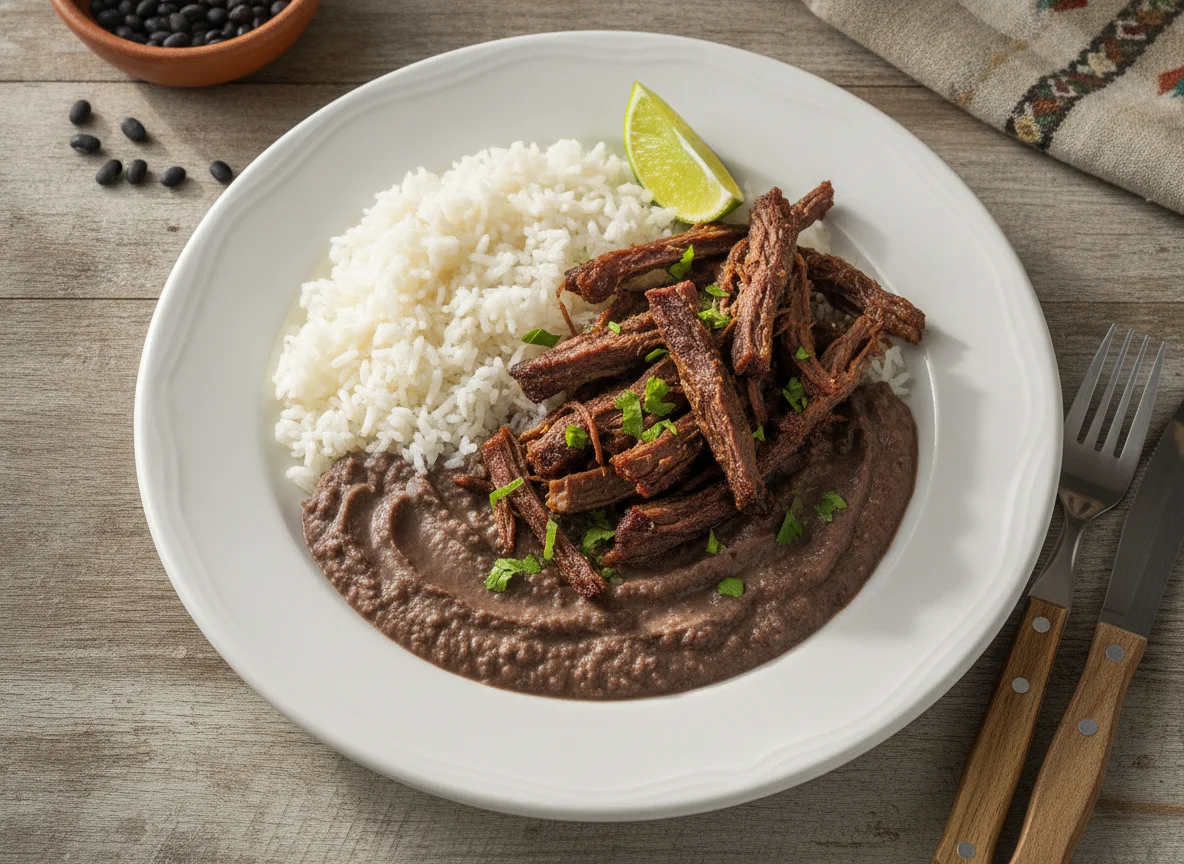 Arroz con frijoles y carne seca photo