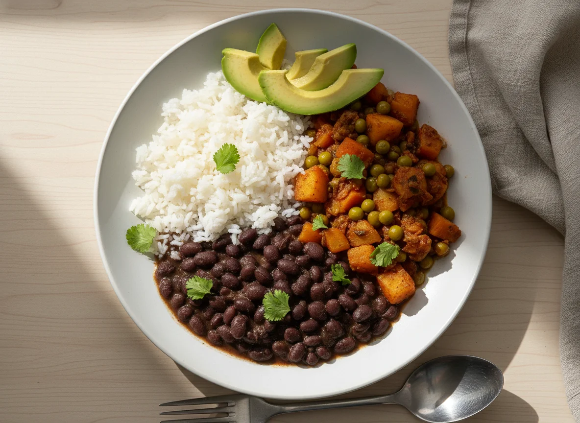 Arroz con frijoles y guiso de verduras con aguacate photo