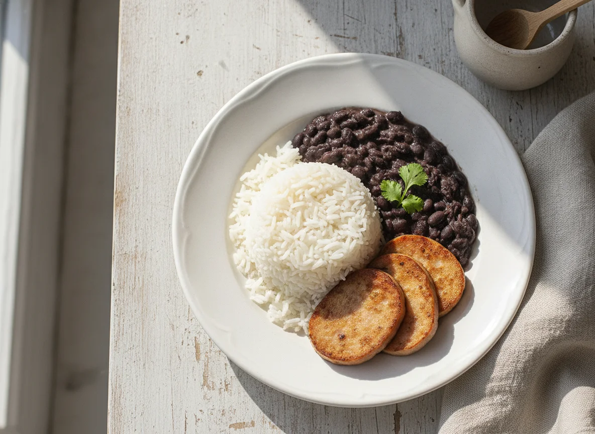 Arroz con frijoles y mortadela jamonada photo