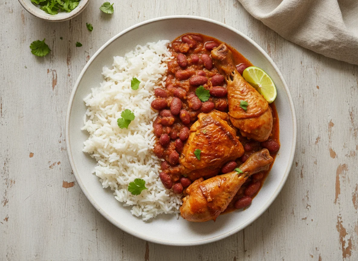 Arroz con frijoles y pollo photo