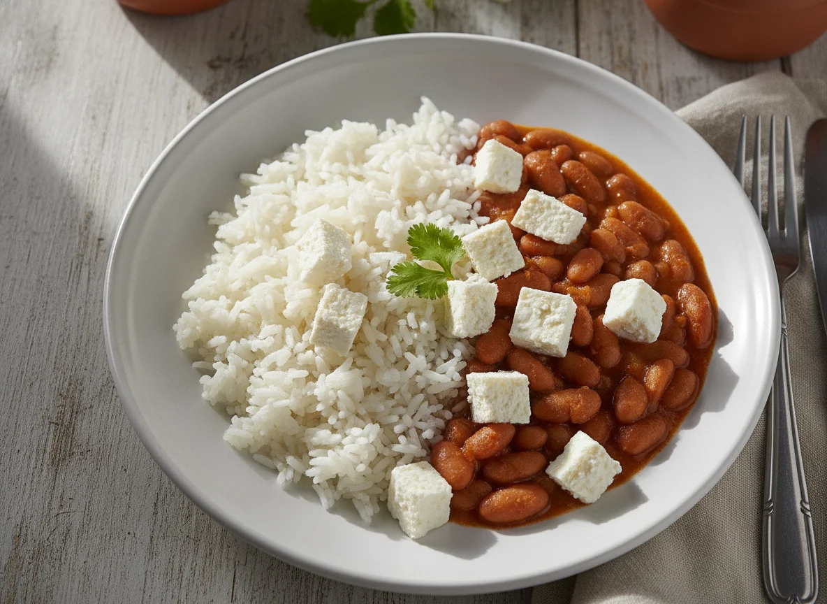 Arroz con frijoles y queso fresco photo