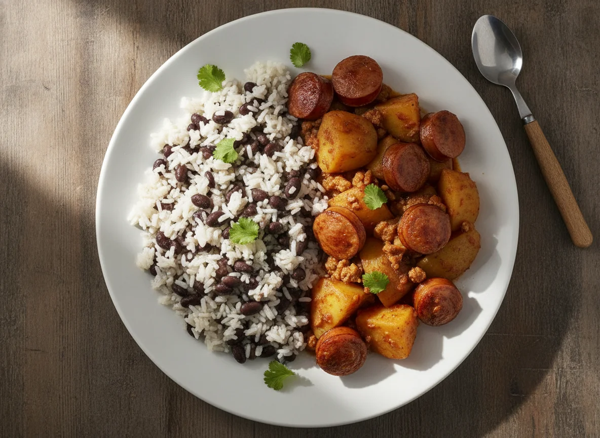 Arroz con Frijoles y Salchichas con Papas photo