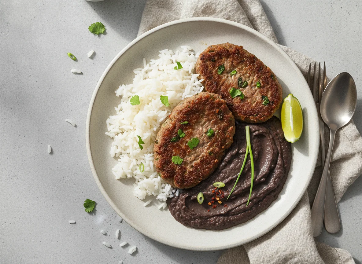 Arroz con frijoles y tortas de carne photo
