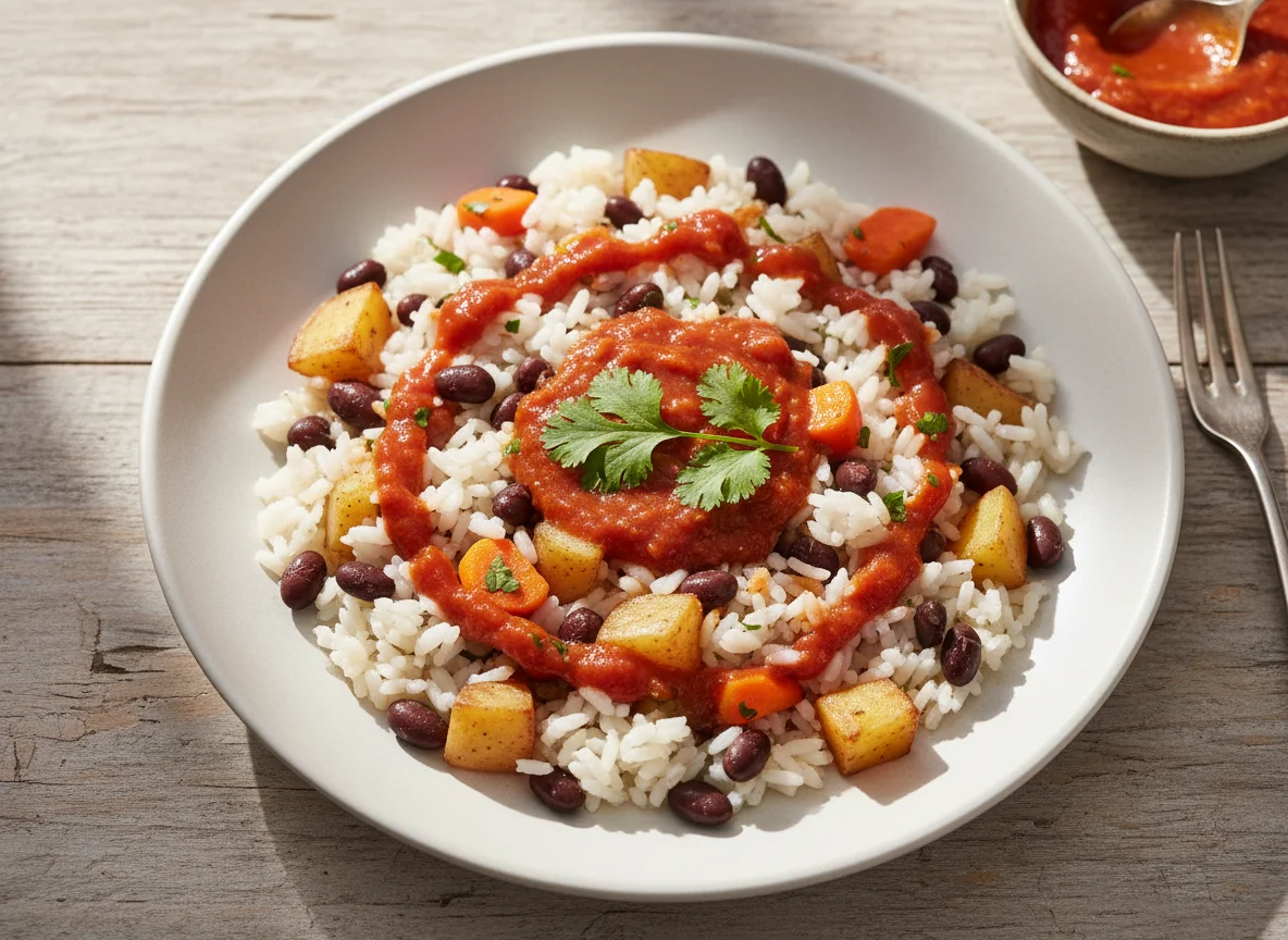 Arroz con frijoles y verduras photo