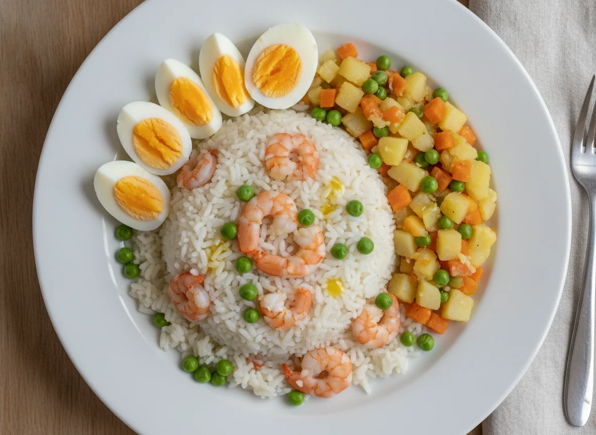 Arroz con gambas, huevo cocido y ensaladilla de verduras photo