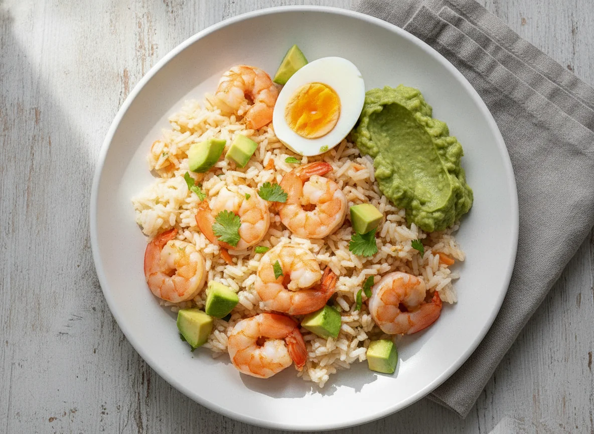 Arroz con gambas, huevo y salsa de aguacate photo