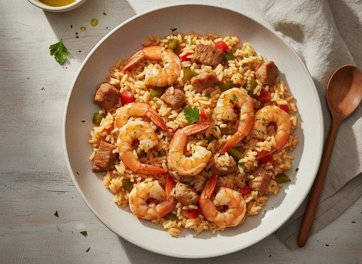 Arroz con gambas y carne photo