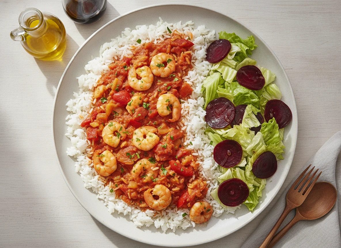 Arroz con gambas y ensalada de remolacha photo