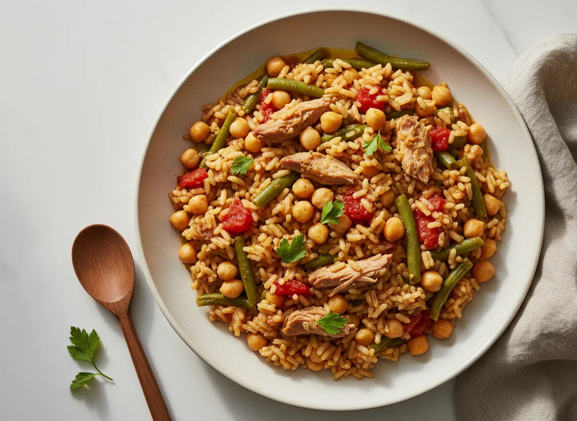 Arroz con garbanzos y judías verdes photo