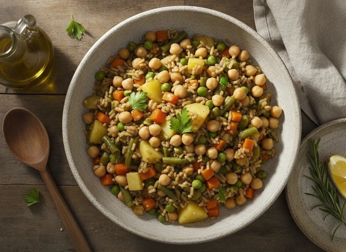 Arroz con garbanzos y menestra de verduras photo