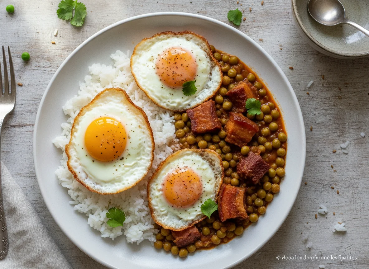 Arroz con guisado de arvejas con rabito de puerco y huevos fritos photo