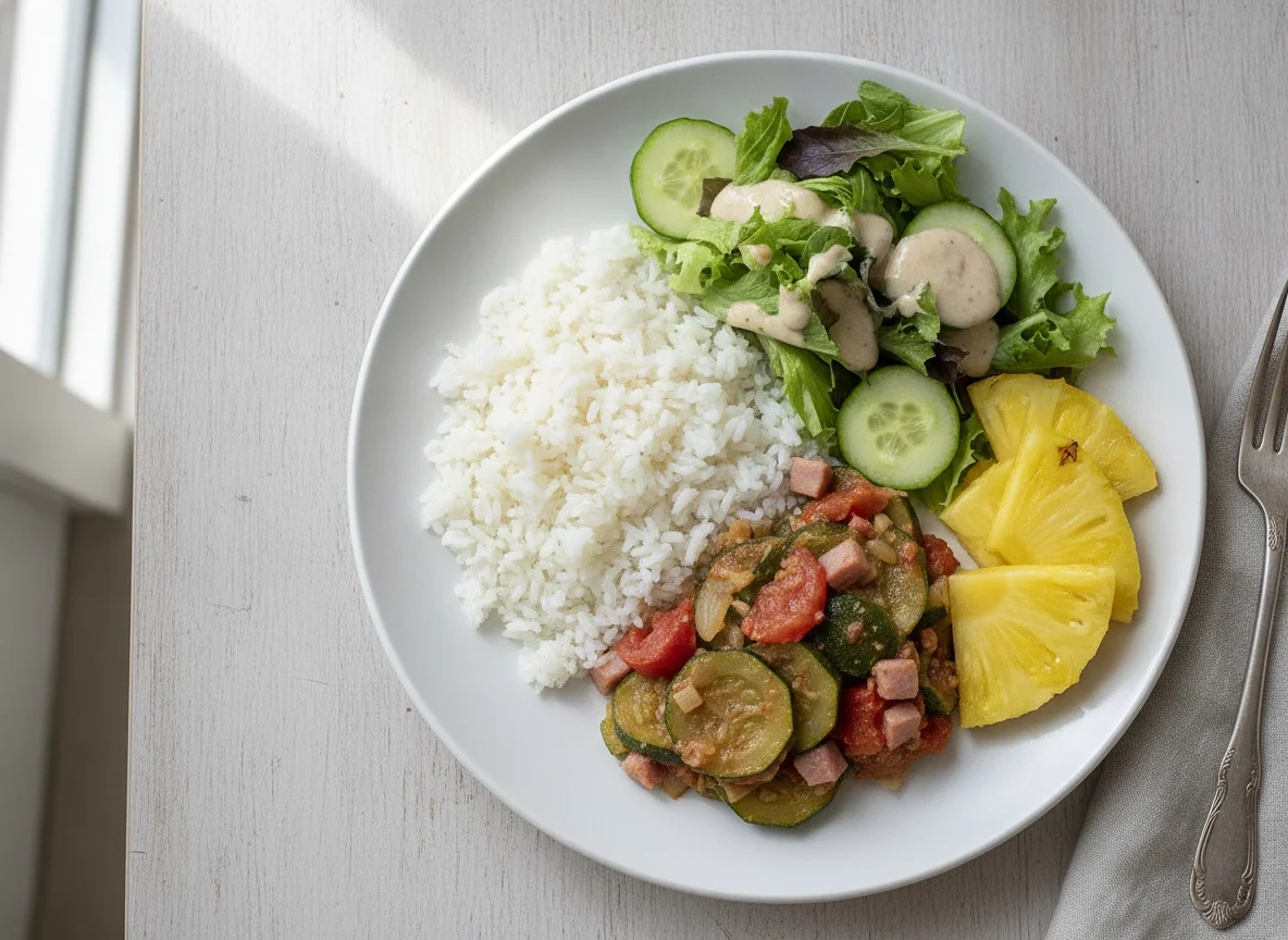 Arroz con guisado de calabacita, ensalada y piña photo