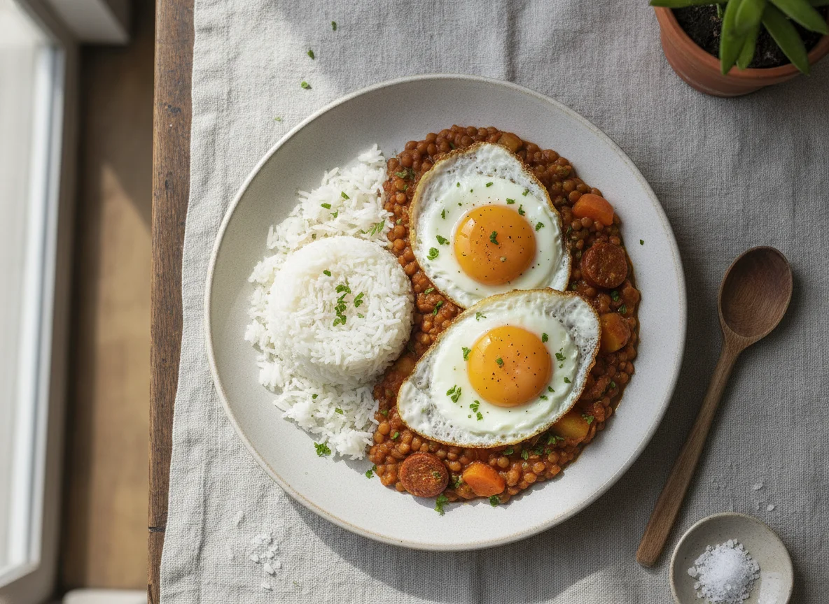 Arroz con guisado de lentejas y huevos fritos photo