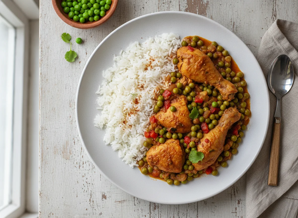 Arroz con guiso de arvejas y pollo photo