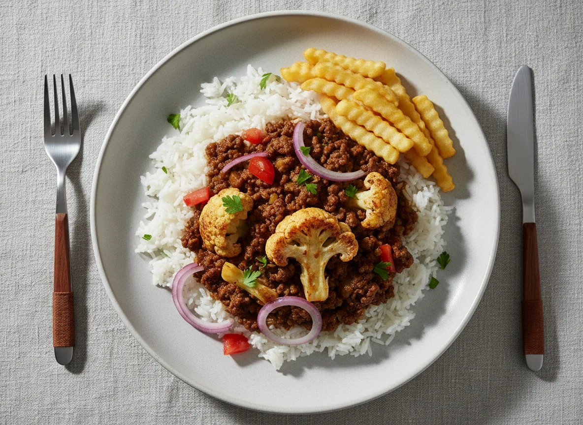 Arroz con guiso de carne molida y coliflor photo