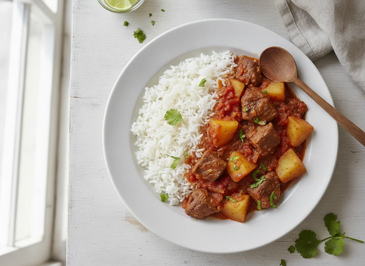 Arroz con guiso de carne y papa photo