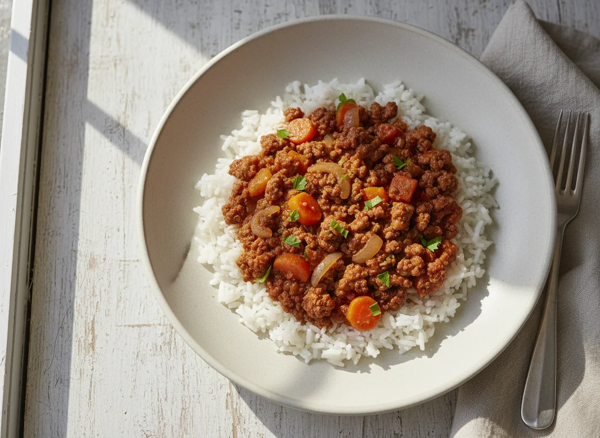 Arroz con guiso de carne y verduras photo