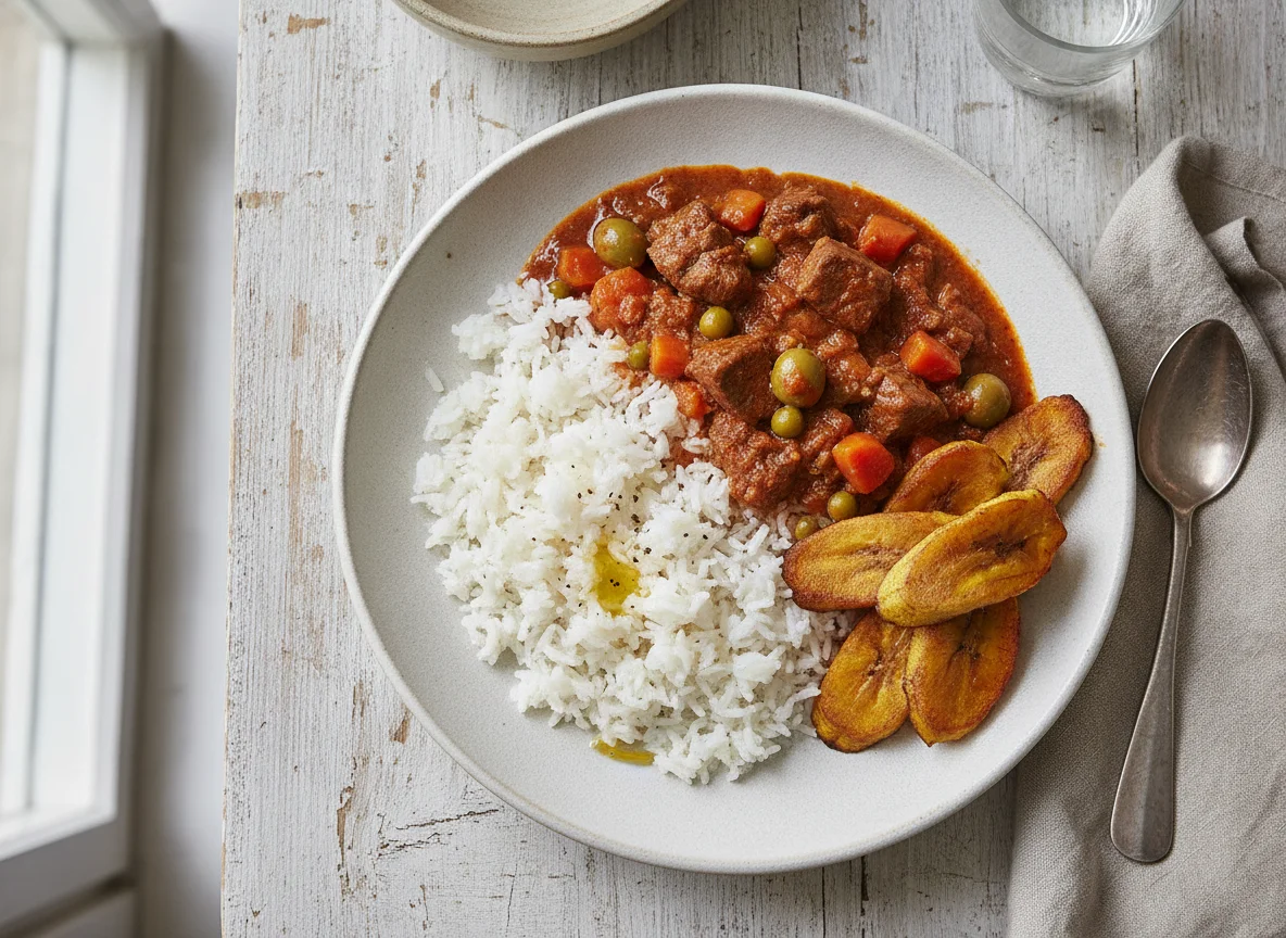 Arroz con guiso de carne, zanahorias y plátano frito photo
