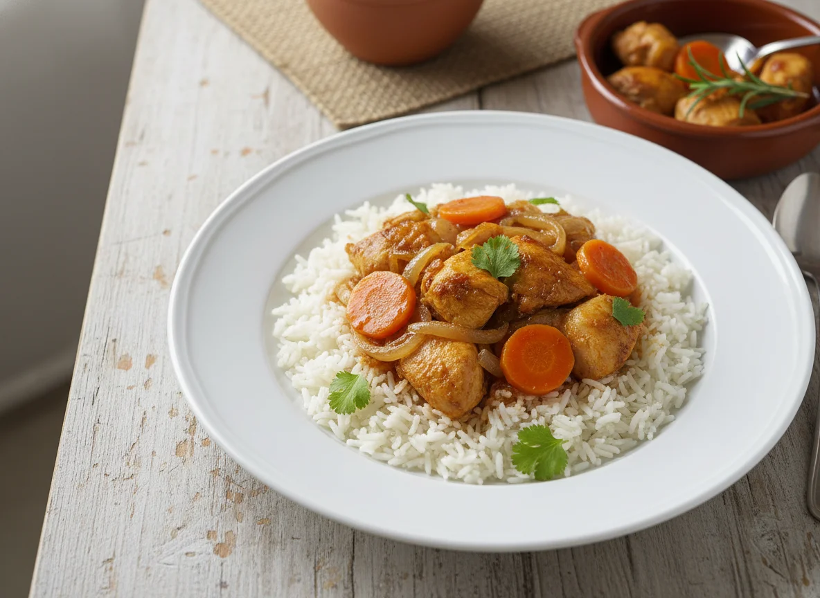Arroz con guiso de pollo y verduras photo