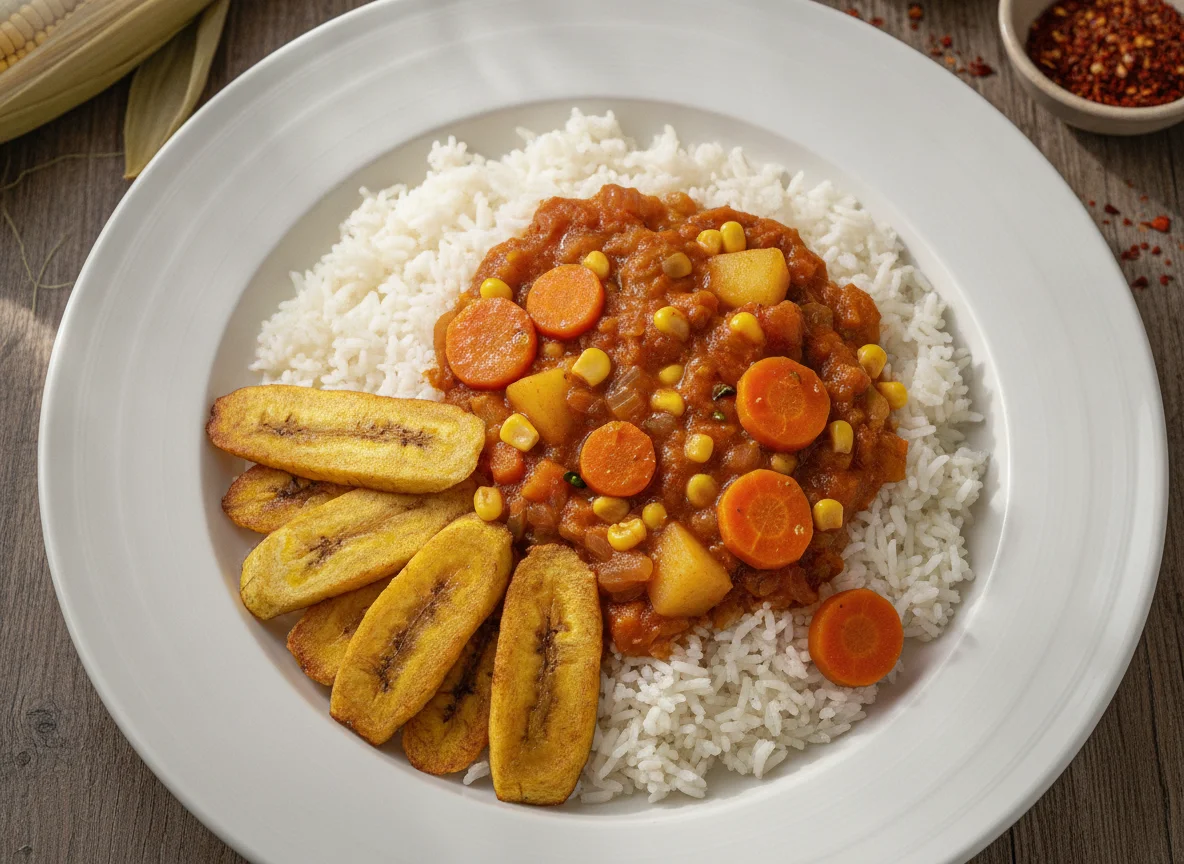 Arroz con guiso de vegetales y tajadas photo