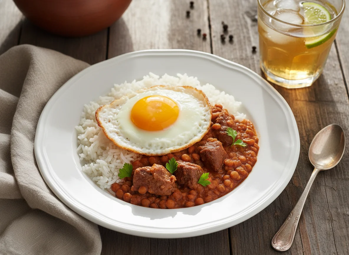 Arroz con guiso y huevo frito con bebida photo