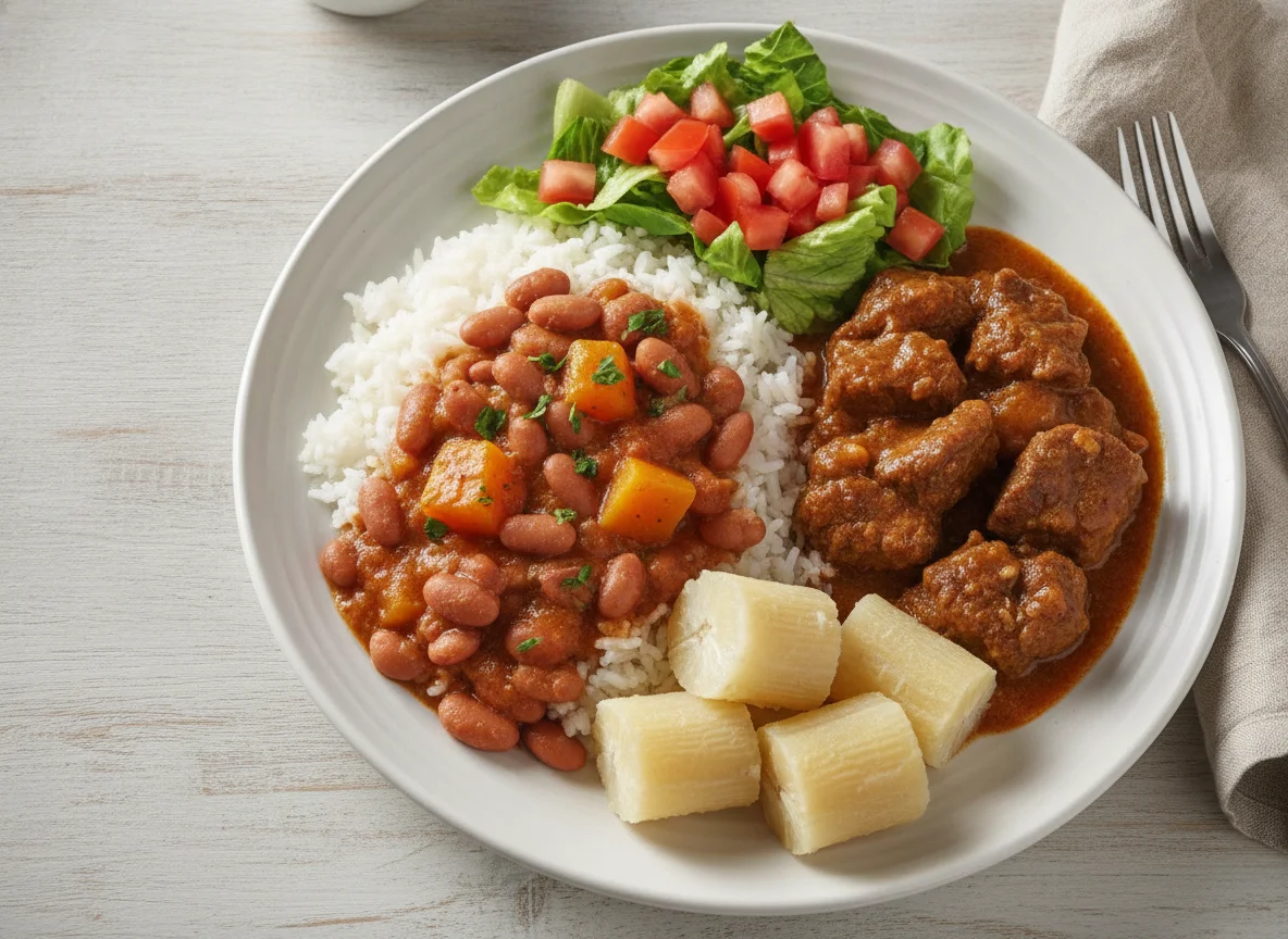 Arroz con habichuelas, carne guisada, vianda y ensalada photo