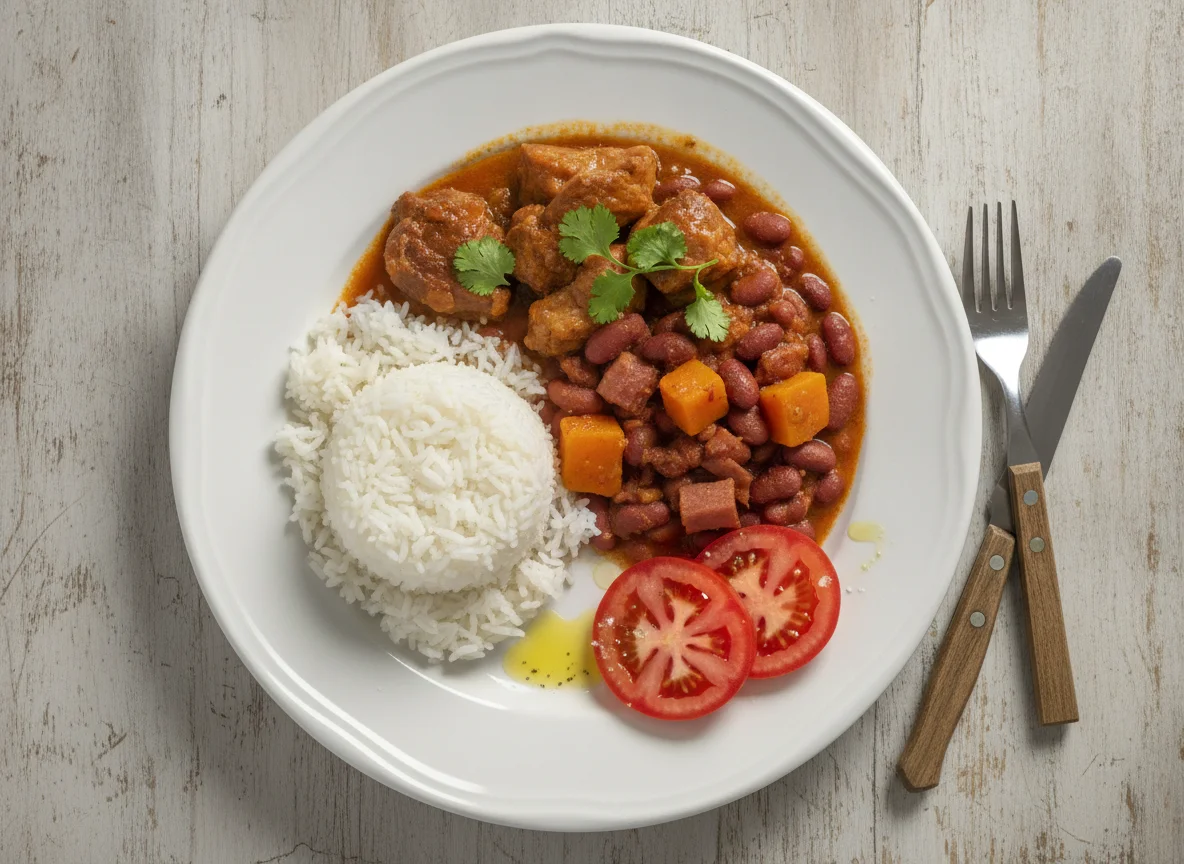 Arroz con habichuelas, carne guisada y ensalada de tomate photo
