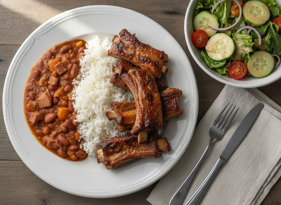 Arroz con habichuelas, costillas de cerdo y ensalada photo