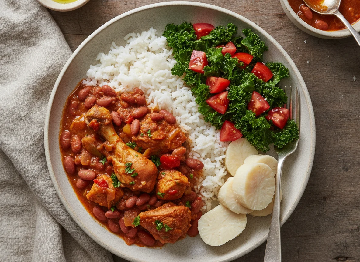 Arroz con habichuelas, pollo guisado, ensalada de tomate y col rizada photo
