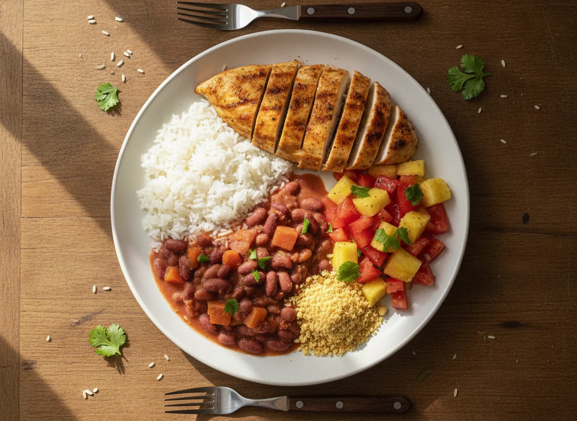 Arroz con habichuelas, pollo y ensalada photo