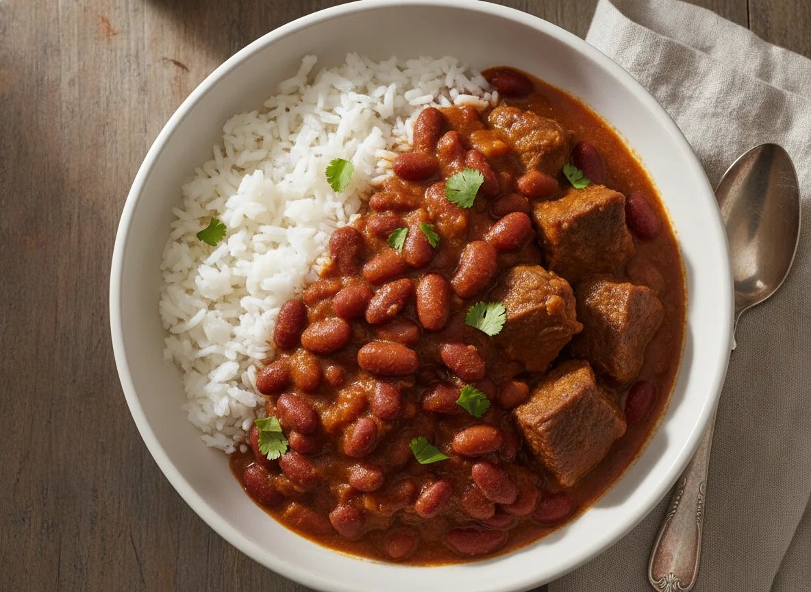 Arroz con habichuelas y carne guisada photo