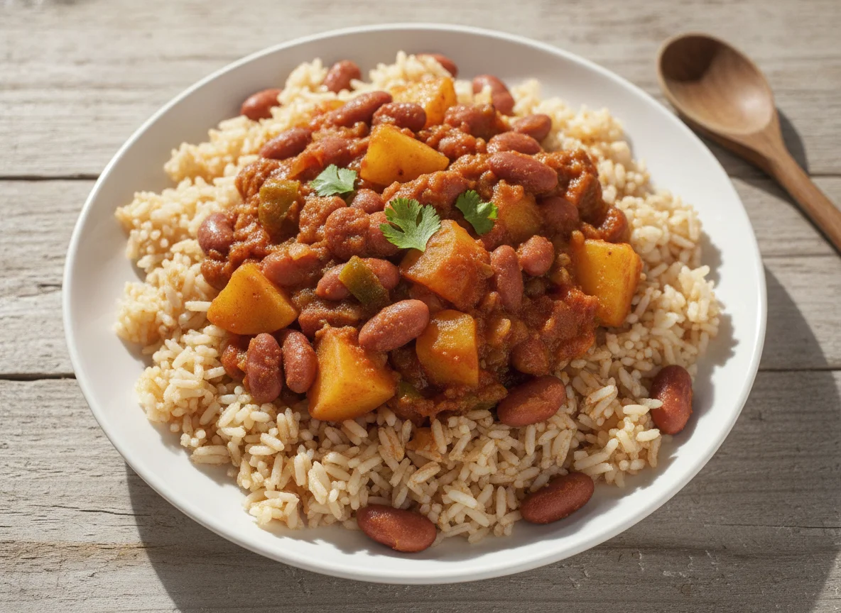 Arroz con habichuelas y papas photo