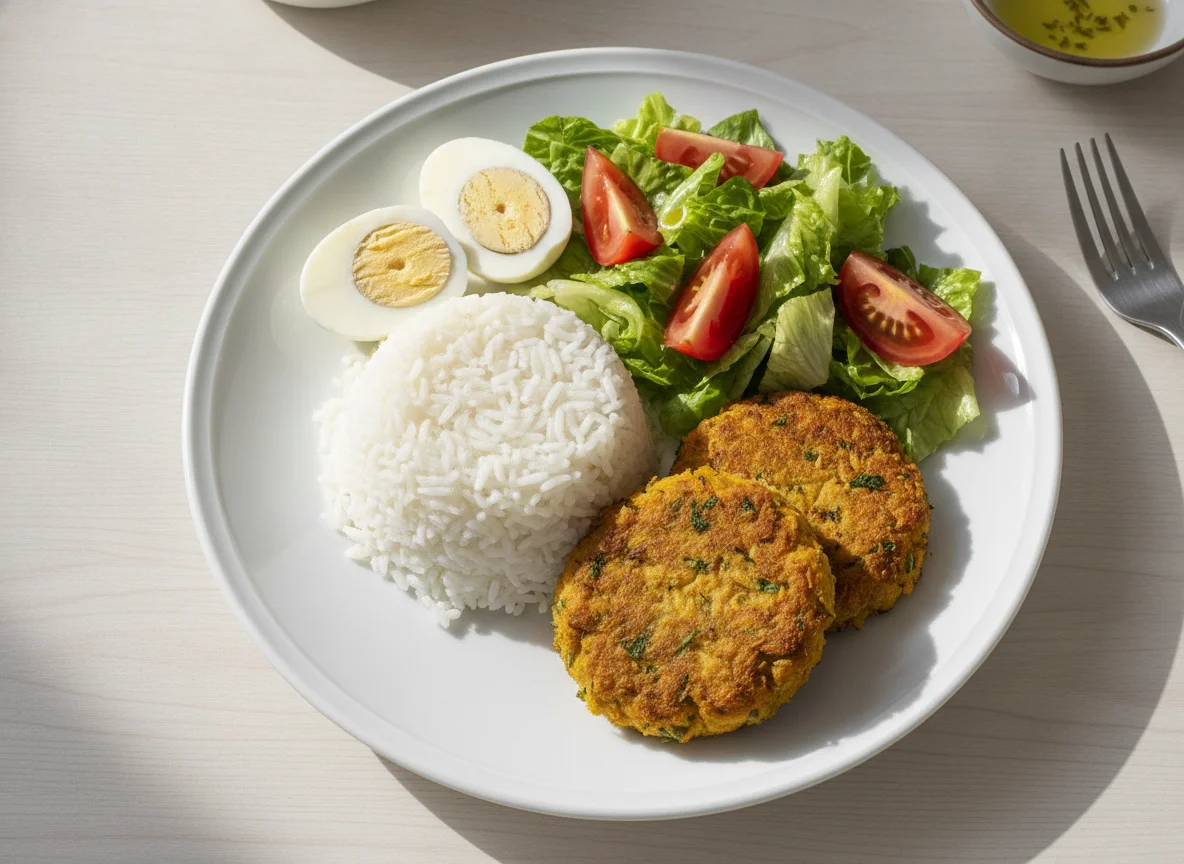 Arroz con hamburguesas de calabaza, huevo duro y ensalada photo