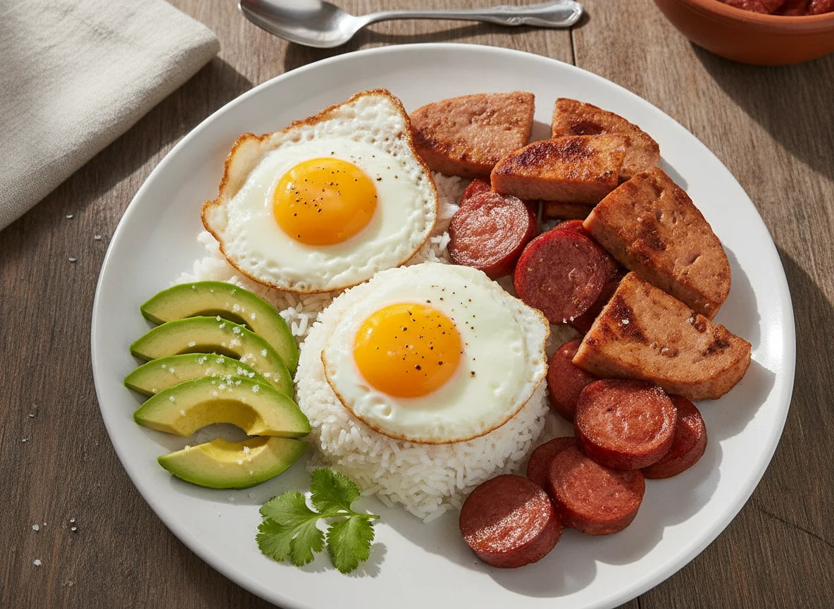 Arroz con huevo, aguacate y embutidos photo